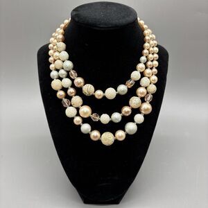 Vintage Japan Three Strand Faux Pearl Necklace Champagne Ivory Glass Sugar Beads